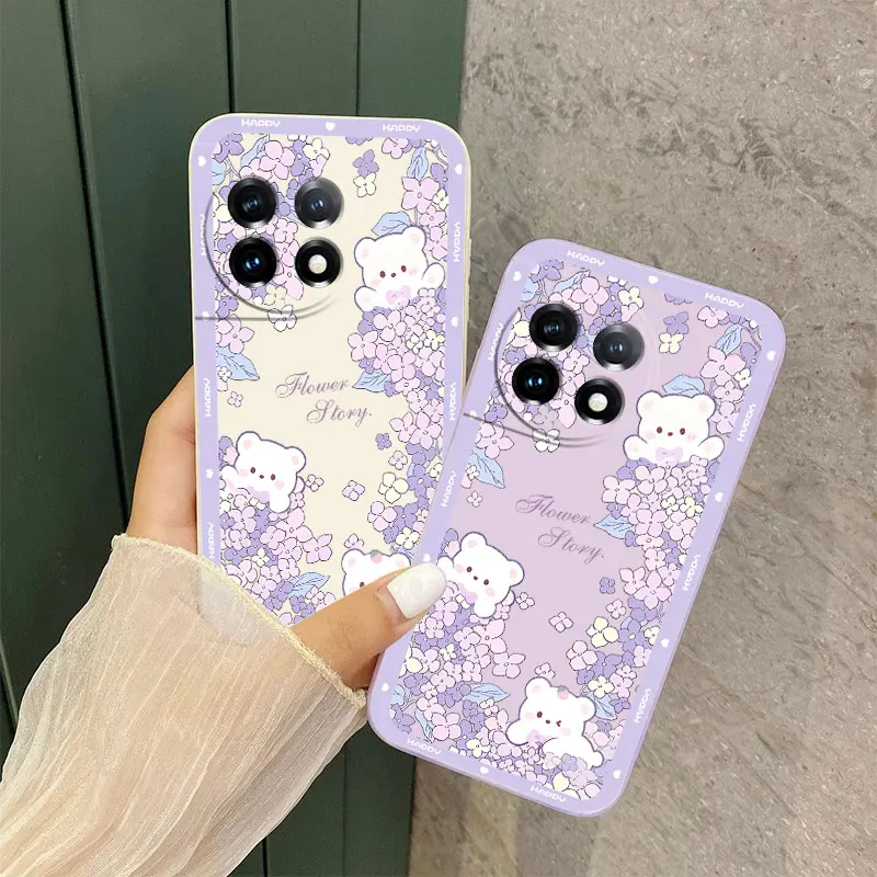 Flower Bush Bear Phone Case For Oneplus 10 10T 10R 9R 9RT 9 8T 8 7 7T Pro 5G Liquid Silicone Cover