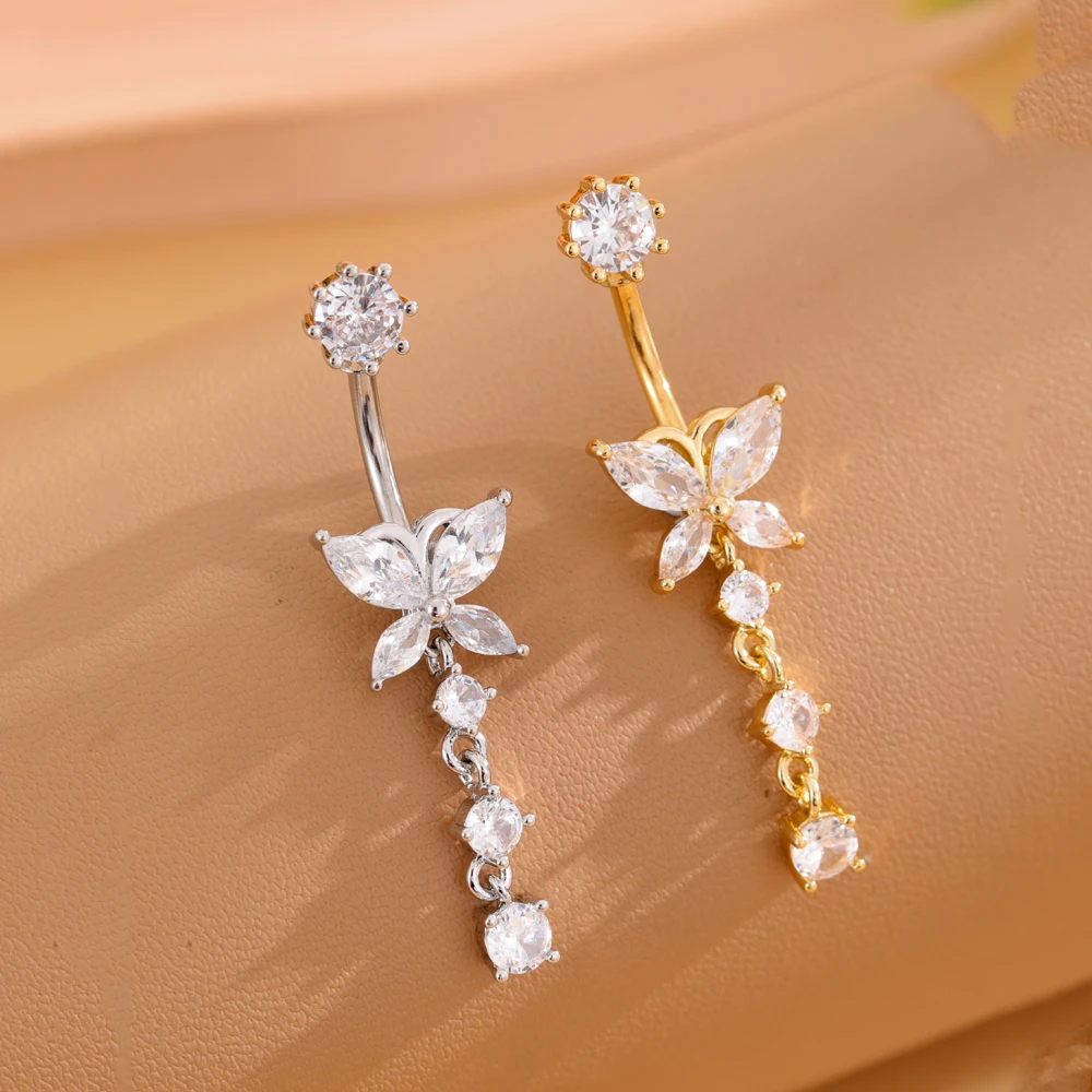 14G 10MM 3/8 Inch 316L Surgical Steel Belly Button Rings Flower Butterfly Curved Navel Rings Barbell Body Piercings Jewelry 1pc