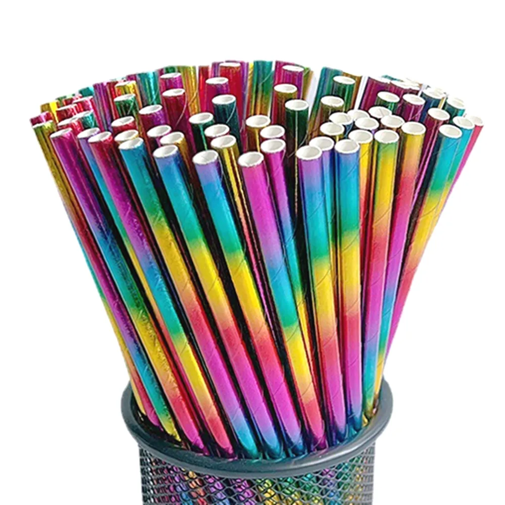 100 Pcs Metallic Rainbow Foil Paper Straws,Colorful Glitter Pride Carnival Party Drinking Juice Soda Cocktail Bar Cake Pop Stick