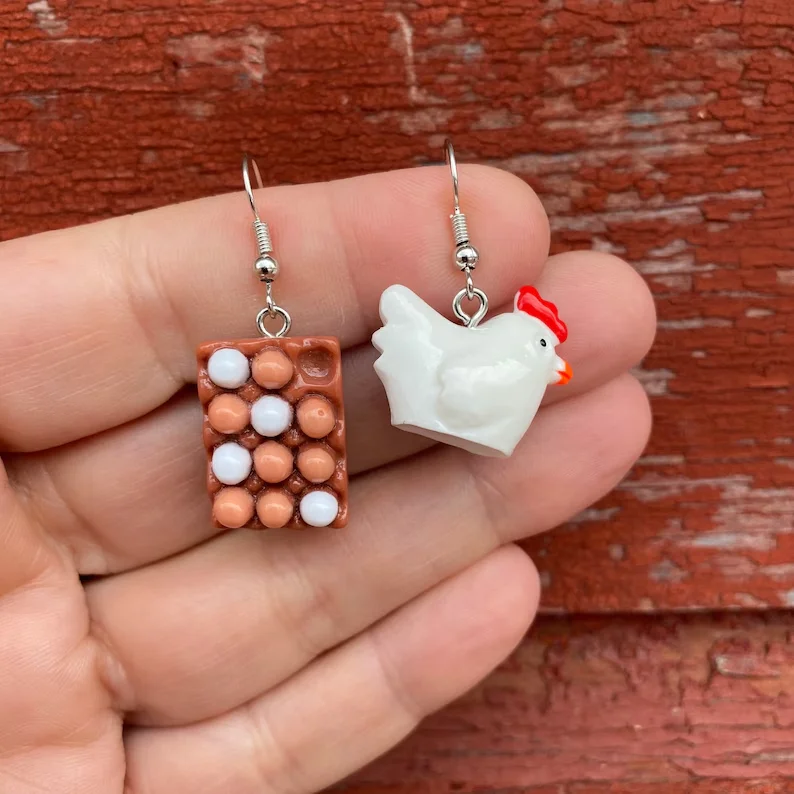 1 Pair Mismatched Chicken and Eggs Farmer Unique Novelty Dangle Earrings