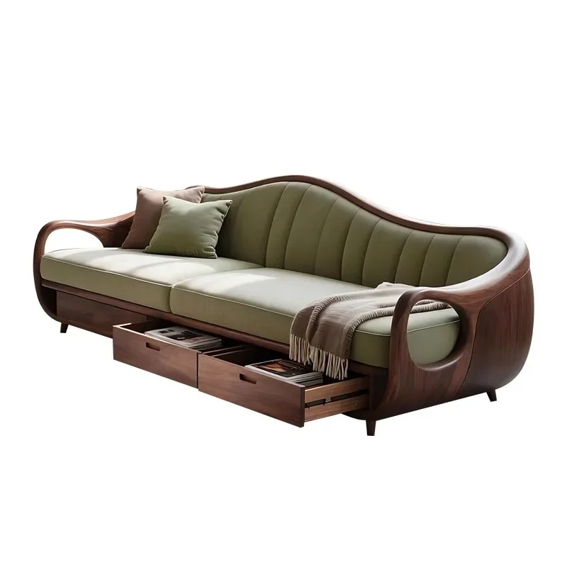 Italian light luxury North American black walnut sofa antique living room straight storage sofa high-end solid wood