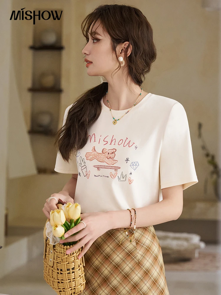 MISHOW Puppy Printting Embroidered Short Sleeve T-shirt for Women 2024 Spring French Retro Round Neck Soft Casual Top MXD14T0196