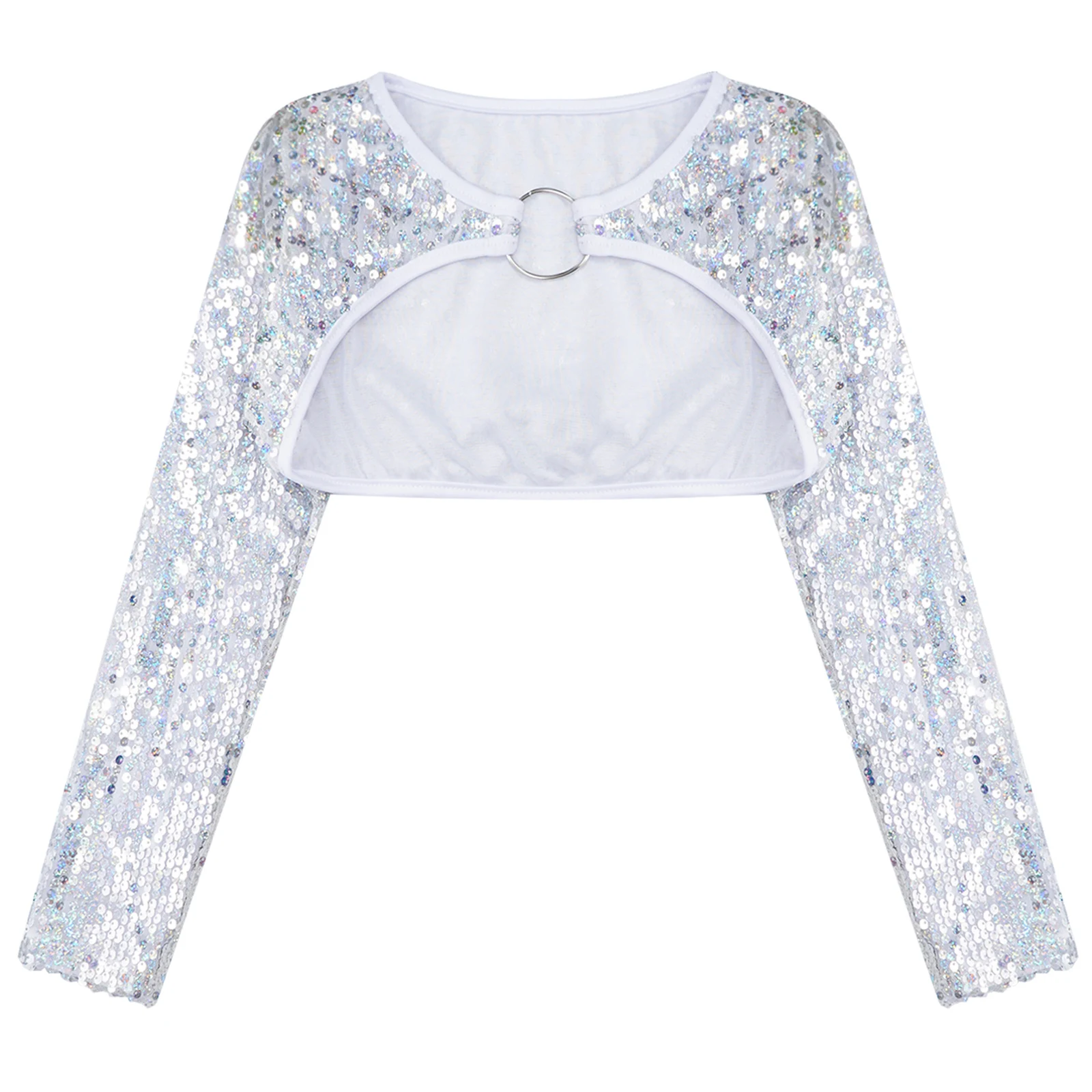 Kids Girls Glittery Sequin Bolero Long Sleeve Shrug Crop Top for Rave Party Festival Prom Dance Costume Fashion Chldren Jacket