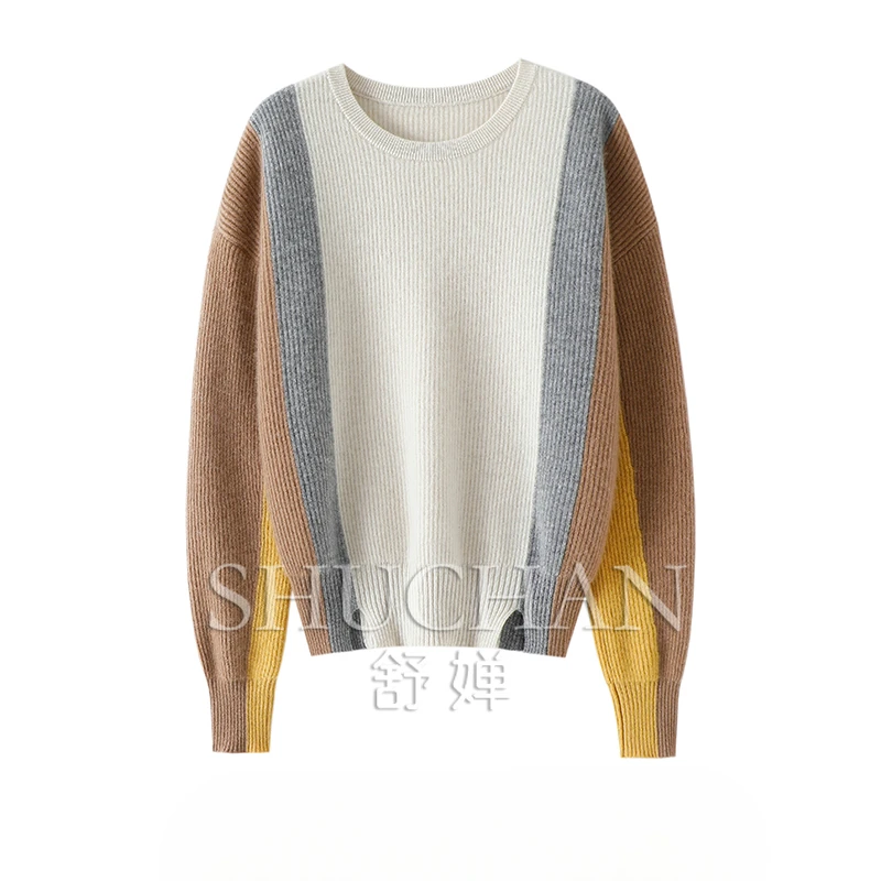 

Popular 100% pure cashmere sweater autumn and winter new contrasting color crew neck knitted sweater women