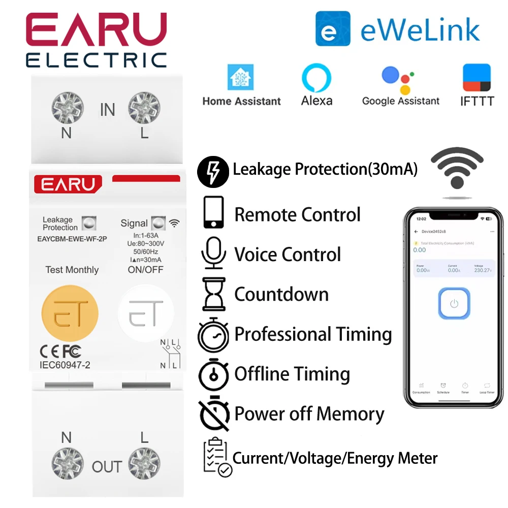 

eWeLink 2P WIFI автоматический выключатель счетчик энергии кВтч таймер реле вольтметр защита от утечки тока RCCB RCBO ограничитель