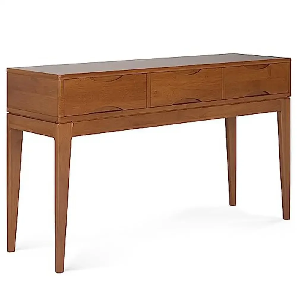 Solid Hardwood Mid Century Console Table with Notched Handle Drawers Teak Brown 54