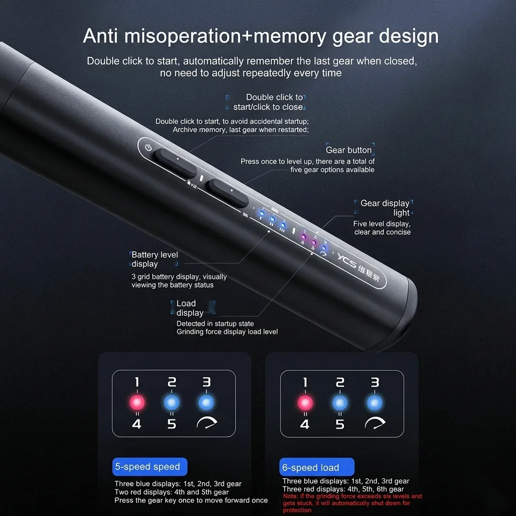 YCS 2nd MAX Power Electric Polishing Pen With 7PCS Tip 5 Speed Type-C for Phone PCB CPU Chip Repair Engraver Disassembly Tool