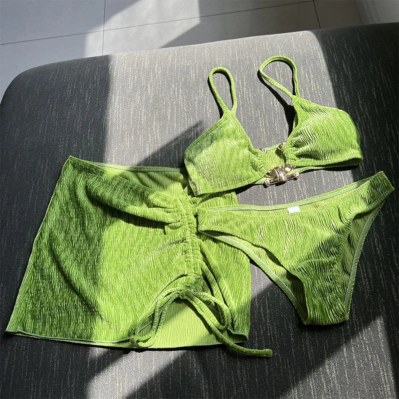 Push-Up Driedelige Badkleding 2023 Strandbadpakken Sexy Effen Bikini Met Lage Taille Bedek Zwempak Voor Dames