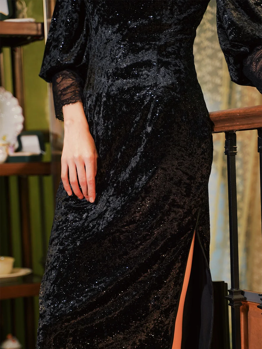 Black cheongsam evening dress women's autumn and winter 2022 new high-end Chinese style dress black velvet