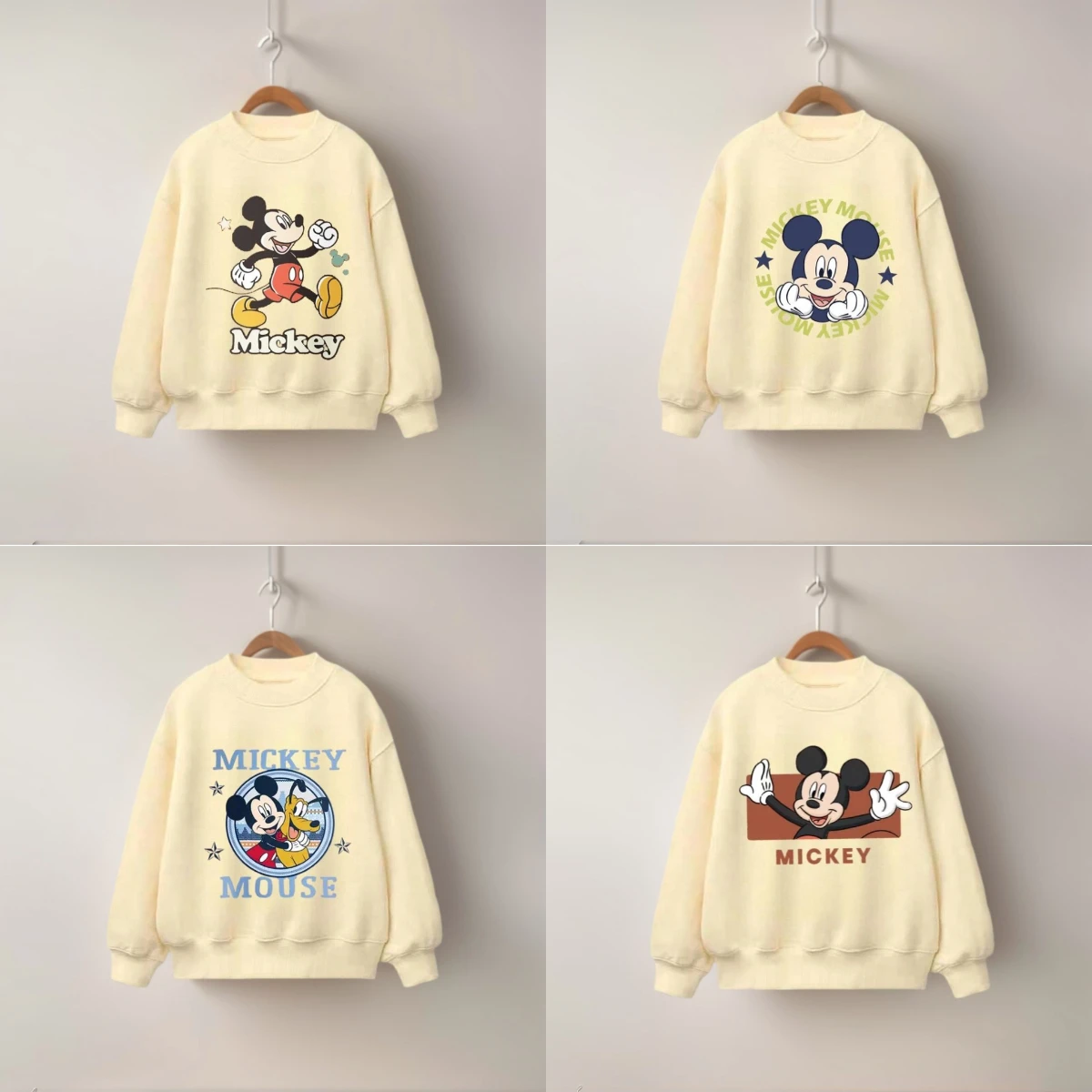 

2025 Unisex Kids' Clothing Mickey Pullovers Cream Yellow Children Apparel Fun Mickey Prints Running Peeking Pals Baby Sportwear