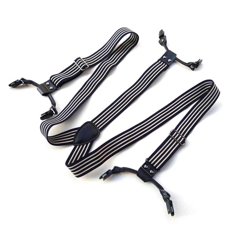 New 6-Clip Black White Striped Suspenders, 3CM Wide Elastic Adjustable Strap for Men Women Casual Fashion Belt Accessories