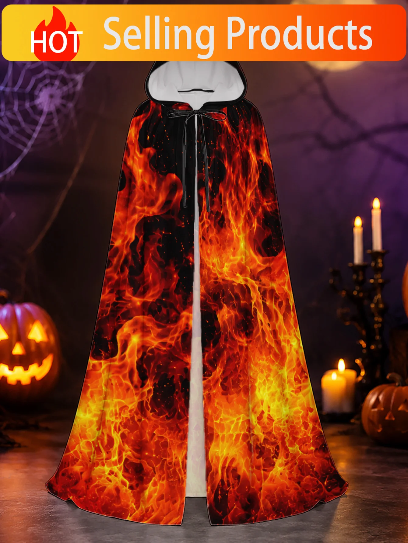 1pc, Adult Halloween And Costume Cape with Flames On Black Design, Long Hooded Polyester Robe Fantasy Character Dressing, Suitab