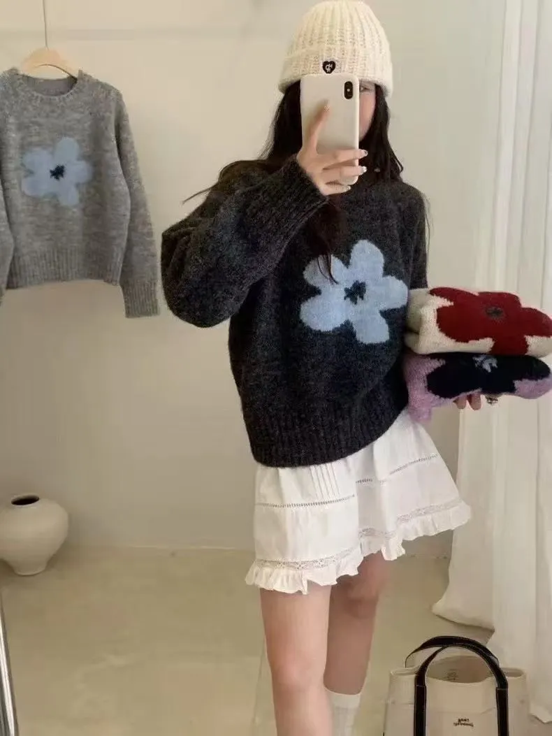 

Korean Sle Big Body Floral Embroidery ort Sweater Women's Slimming Loose Fit Knitted irt Soft Long Sve round Ne