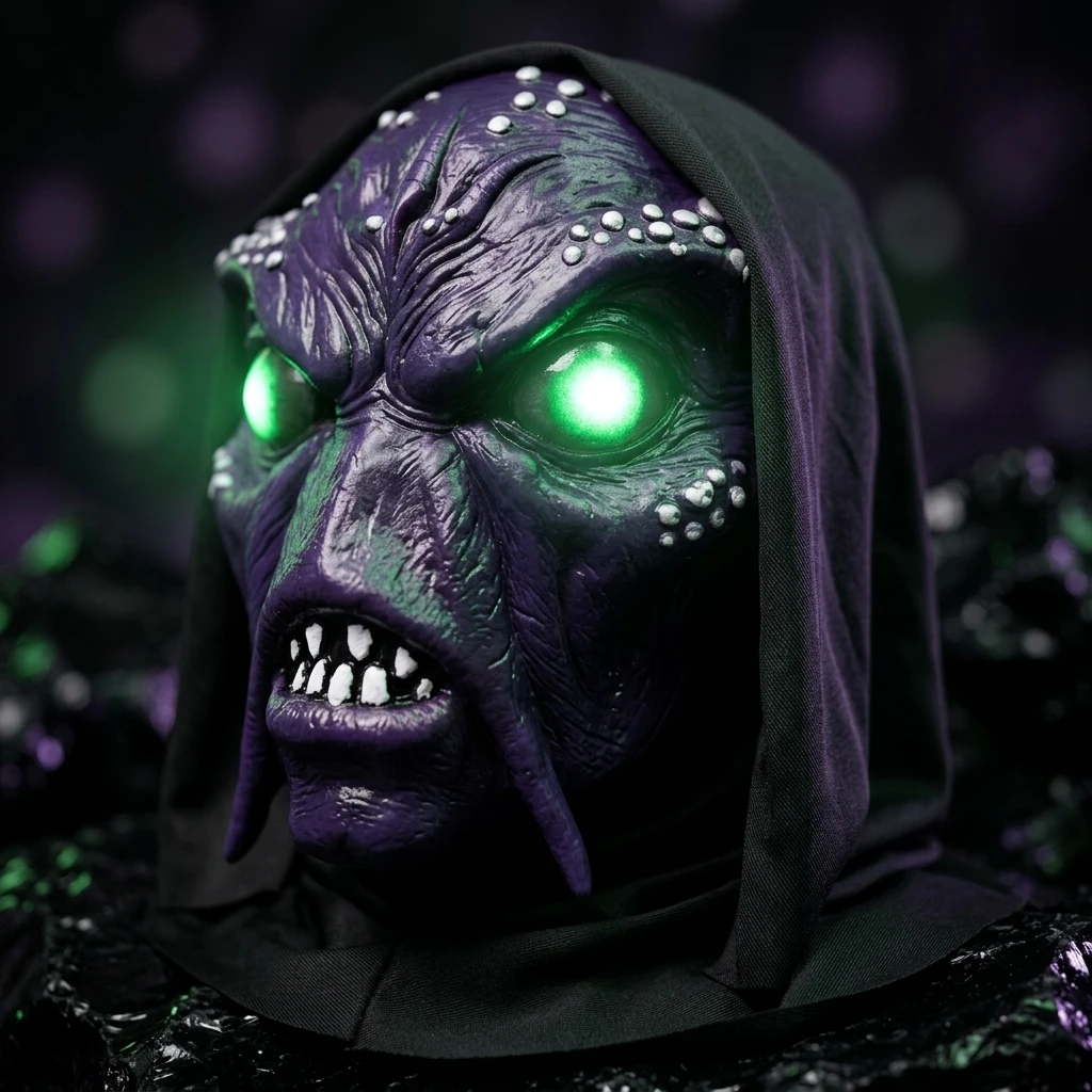 LED Glowing Green Eyes Alien Monster Mask in Purple Latex Full Head Mask with Tendrils Hood Scary Cosplay Party Halloween Props 5
