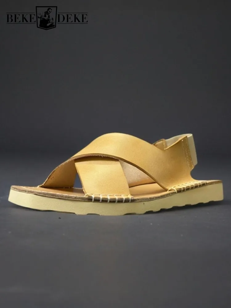 Mens Sandals Handmade Genuine Leather Leisure Non Slip Shoe Cowhide Elastic Band Open Toe Platform Solid Color Daily Comfortable