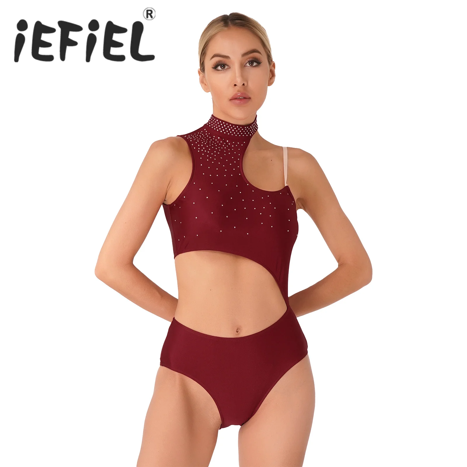 Women Rhinestone Ballet Dance Leotard Asymmetrical Sleeveless Bodysuit for Sports Gymnastics Acrobatics Figure Skating Dancewear