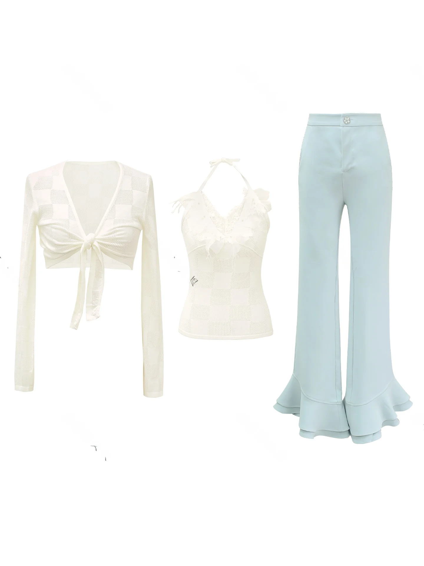 

Peter Pan Uncle Short Lace-Up Open Cardigan Long Bell Bottom Pants Slim Fit Strap Long Dress Spring Fashion Set Women