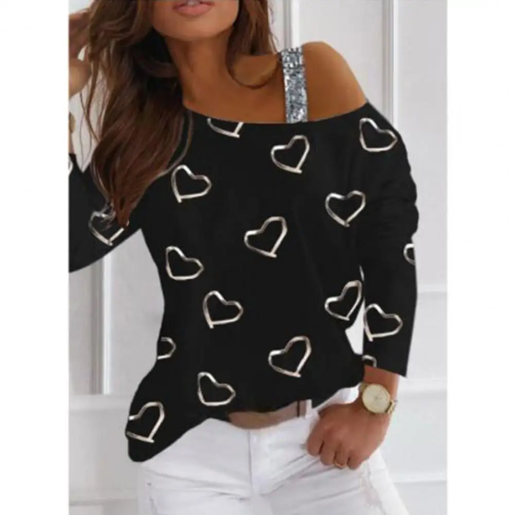 

Women Blouse Heart Print Slash Neck Loose Sexy T-shirt Top Pullover Spring Autumn Temperament Loose T-shirt Women Pullover 80%