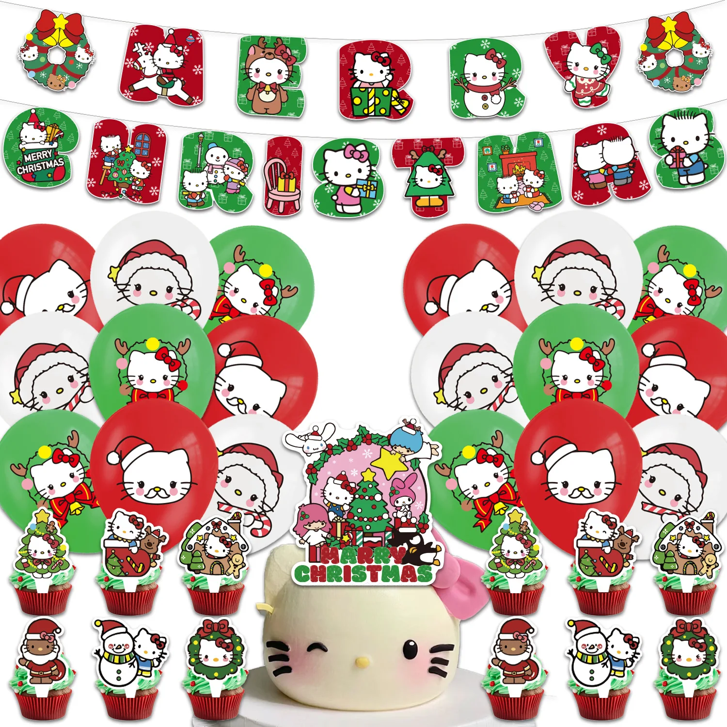 New Cartoon Sanrio Christmas Party Decorations, Flags, Balloons Background Cloth Cake Insert Row Sanrio Party Supplies. Gift