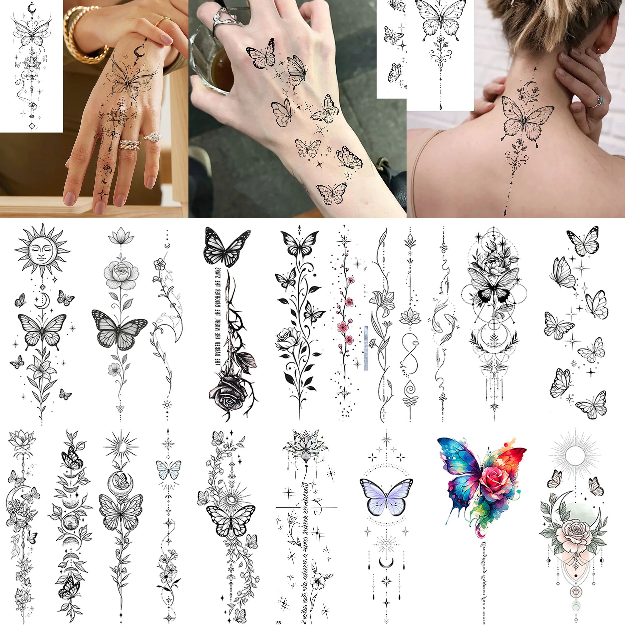 1 Sheet Fresh Butterfly Floral Chain Temporary Tattoos For Women Hand Neck, Waterproof Realistic Fake Tattoo Stickers Last Long