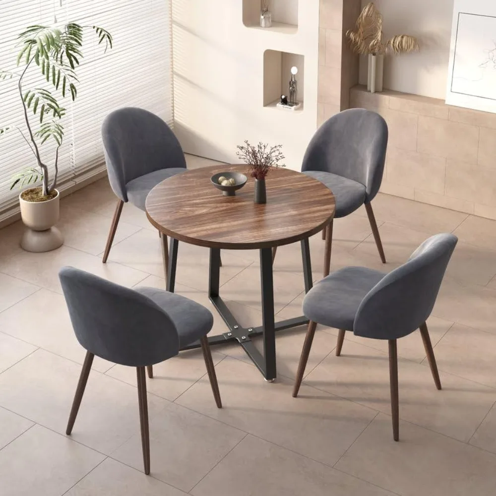 

5-Pieces Modern 35'' Inch Round Wooden Dining Table Set for 4 Comfortable Velvet Chairs, Small Apartment Coffee Table Set