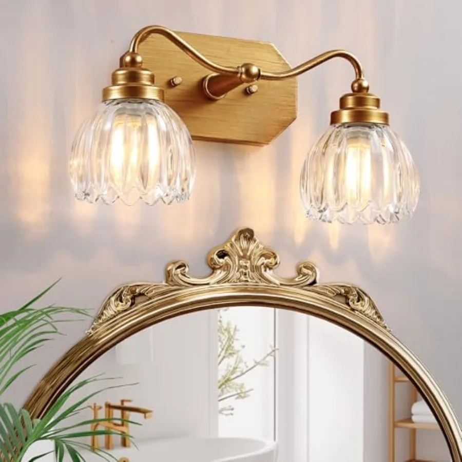 Vintage Bathroom Light Fixtures, 2 Light Bathroom Vanity Light, Matte Antique Brass Finish with Crystal Glass Shade, Wall Sconc