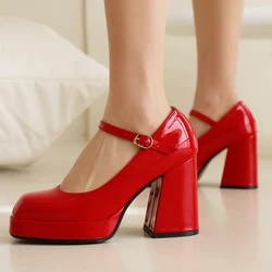 Fashion Block High Heels Pumps Shoes Woman Platform Red White Black Women's Mary Jane Party Office Wedding Shoes Large Size 45