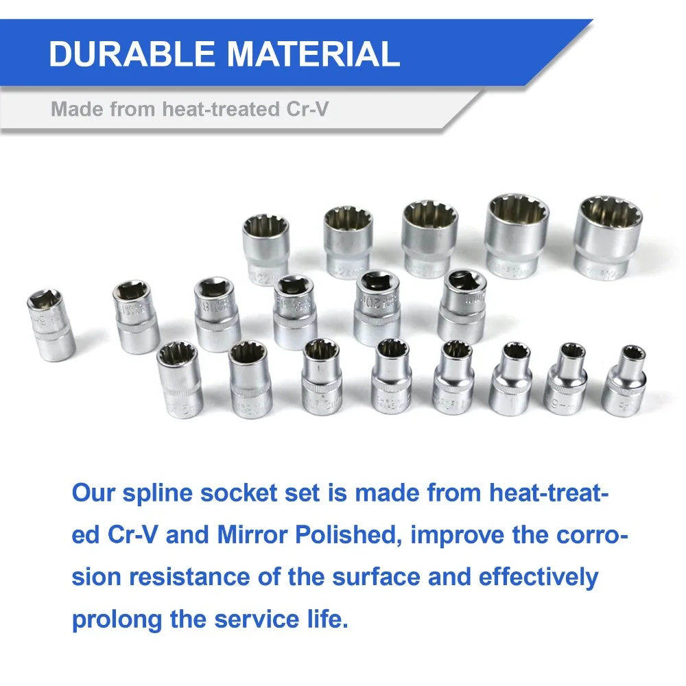 

19 шт., высококачественный набор метрических шлицевых головок, 1/2 дюйма, привод Cr-V, 12-точечный набор головок с футляром, 6-угольный набор торцевых ключей, инструмент для ремонта