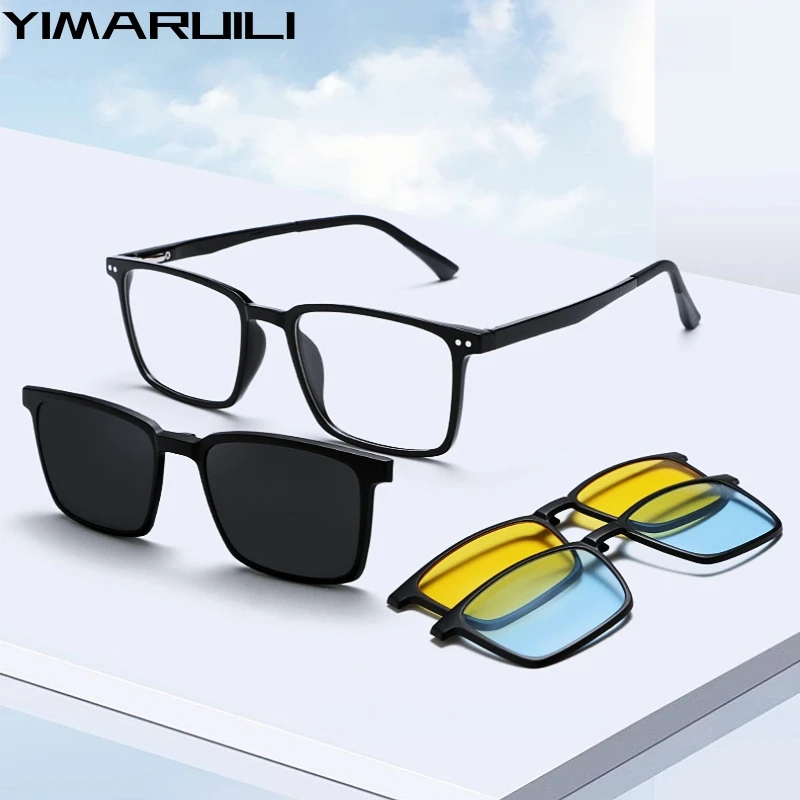 

YIMARUILI Fashion Square TR90 Polarized Magnetic Clip-On Glasses Women's Ultra-Light Optical Prescription Men's Eyeglasses Frame