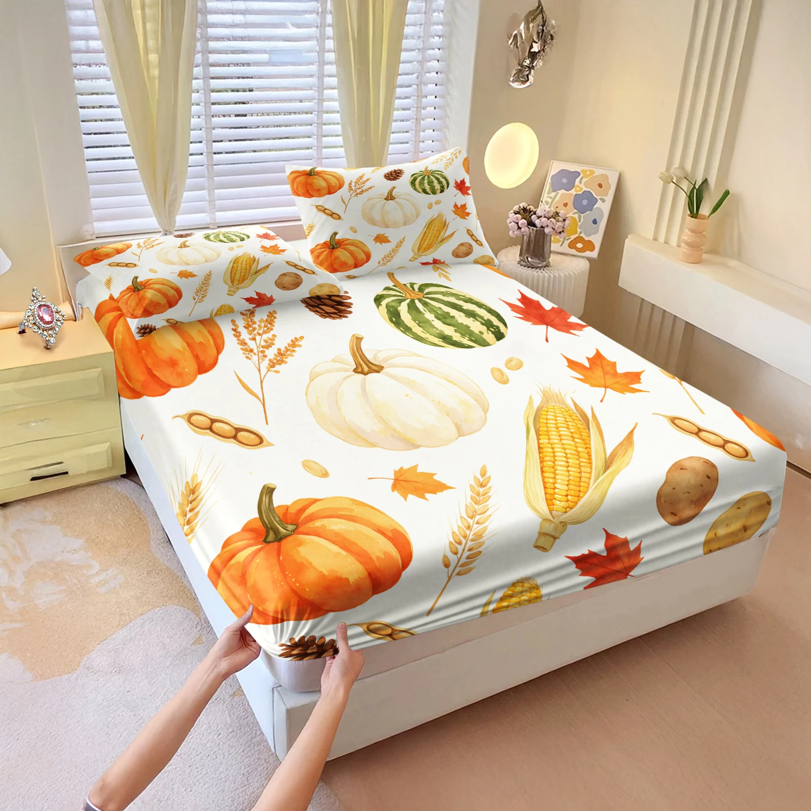 Watercolor Autumn Harvest Fitted Sheet Set Pumpkin Corn Potato Maple Leaf Print Elastic Mattress Cover Thanksgiving Home Decor