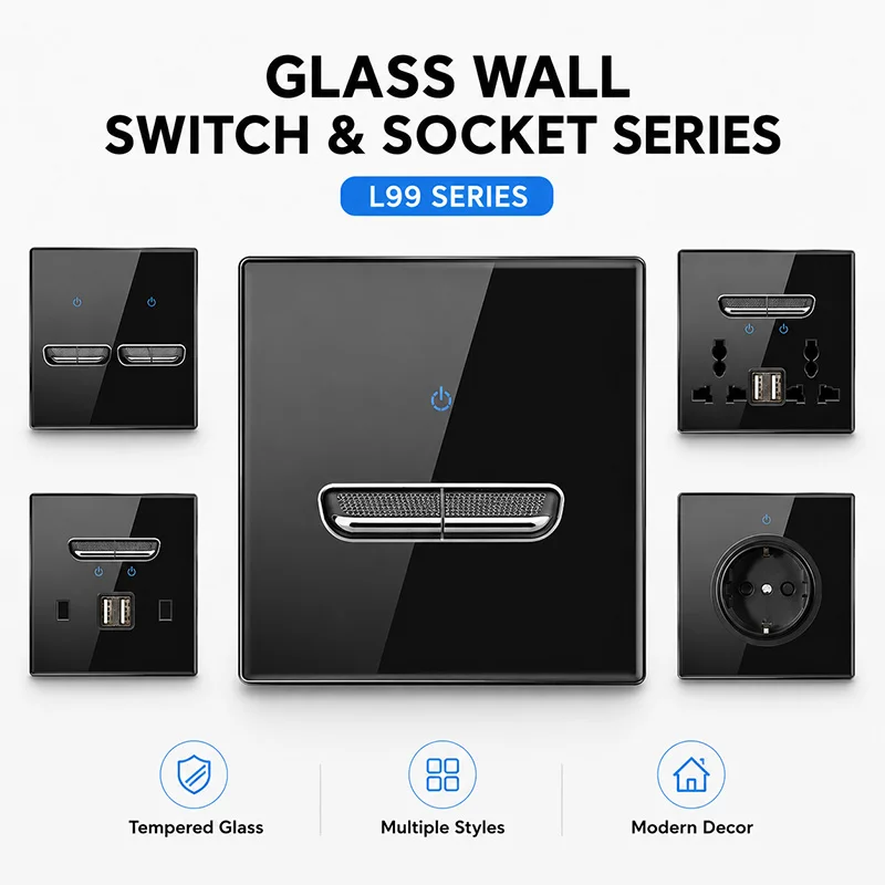 L99 Luxury Tempered Glass Panel Light Switch Socket Metallic Toggle 1 2 3 4 Gang 1 2 Way Black White Gold Grey EU FR UK 16A 20A