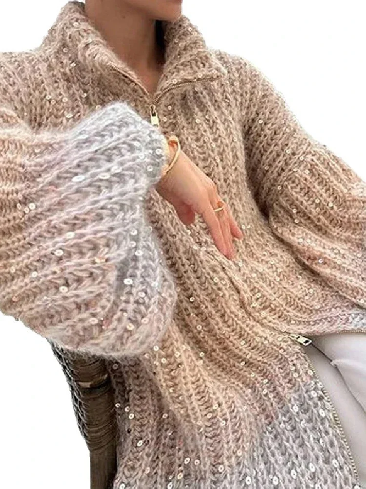 Elegant Sequin Sweater Women Fashion Lurex Long Sleeve Loose Female Zipper Knit Cardigan 2024 Autumn Streetwear Lady Coat