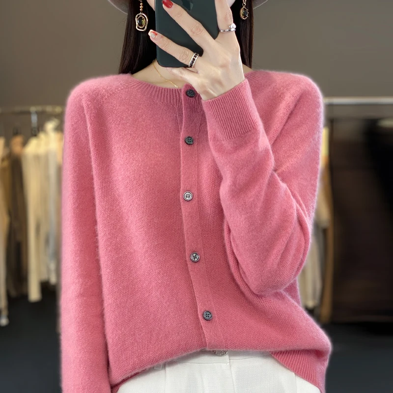 Autumn and winter new round neck cardigan women\'s sweater long sleeved knitted fashionable jacket women\'s 100% Australian wool