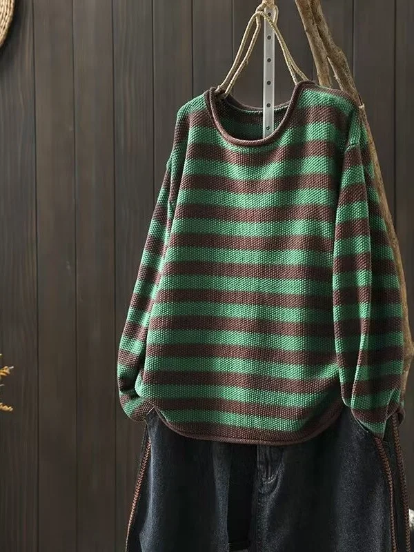 เสื้อสเวตเตอร์ถักลายทางสไตล์เรโทรทรงหลวมสำหรับผู้หญิง ฤดูใบไม้ร่วง 2025 ไซส์พลัส สีพื้น ช่วยให้ดูผอมเพรียว
