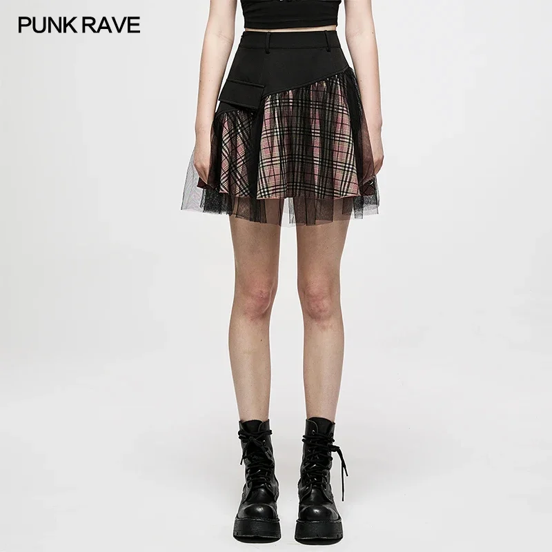 PUNK RAVE Women's Mesh Panel Plaid High Waist Short Skirt College Style Stitched A-line Youth Girl Mini Skirts Spring/Summer