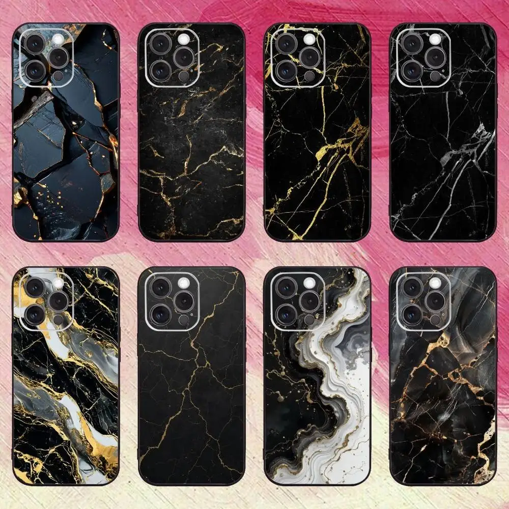 

B-Black Gold Marble Art Phone Case For iPhone17,16,15,14,13,12,11 Plus,Pro Max Soft Black Cover