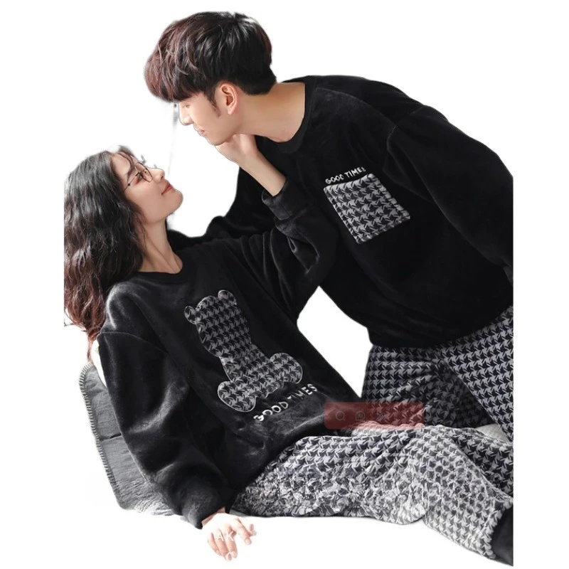 

Men's and Women's Autumn Winter Thickened New Coral Fleece Pajamas Warm Flannel Loungewear Outer Wear Underwear Couple Pajamas