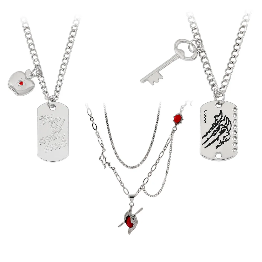 Anime Game Punk Layered Pendant Necklace Engraved Key Red Rhinestone Charms Cosplay Collection Accessory