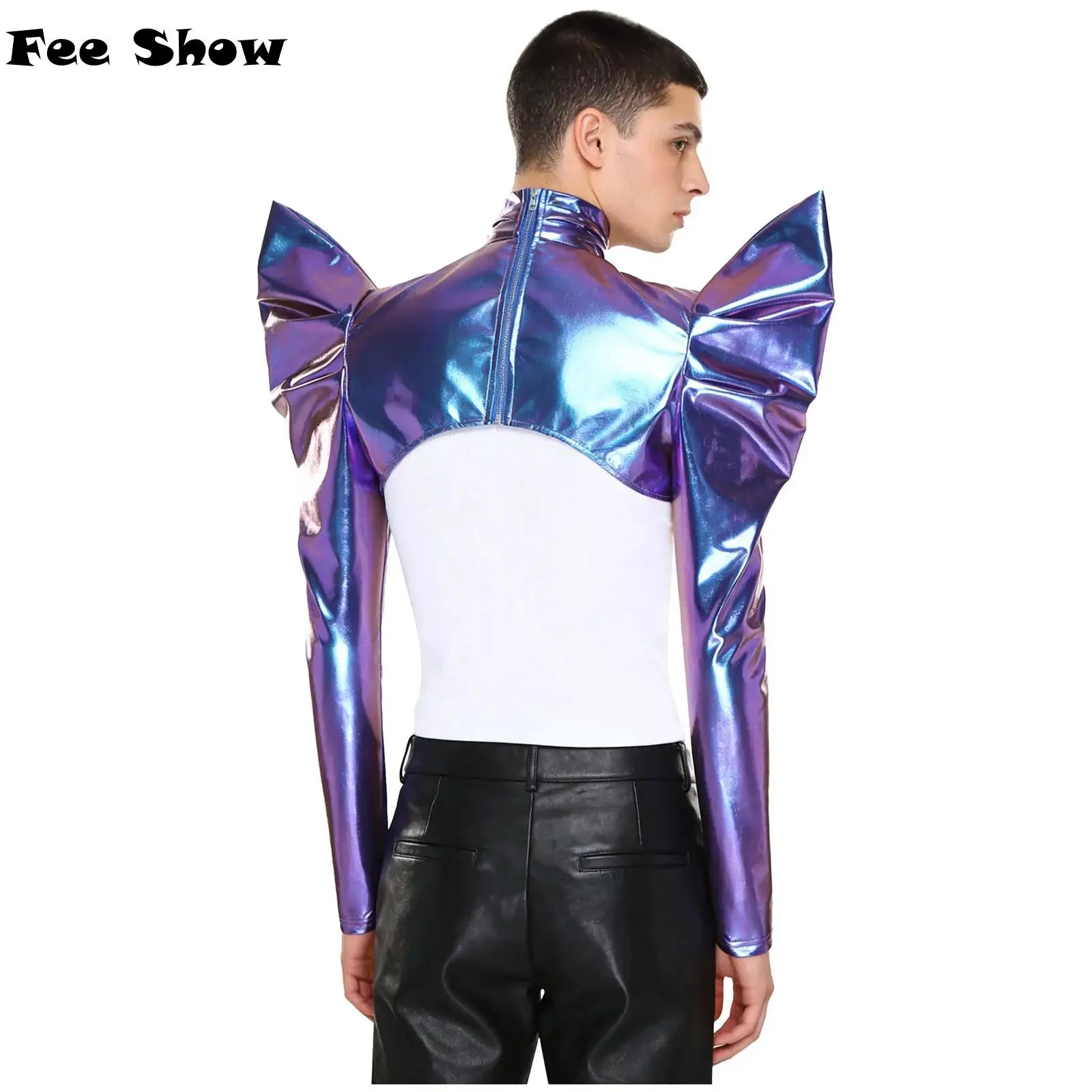 Men Iridescent Metallic Shoulder Shawls Tops Long Sleeve Turtleneck Open Front Back Zipper Bolero Shoulder Armor Bolero Cardigan