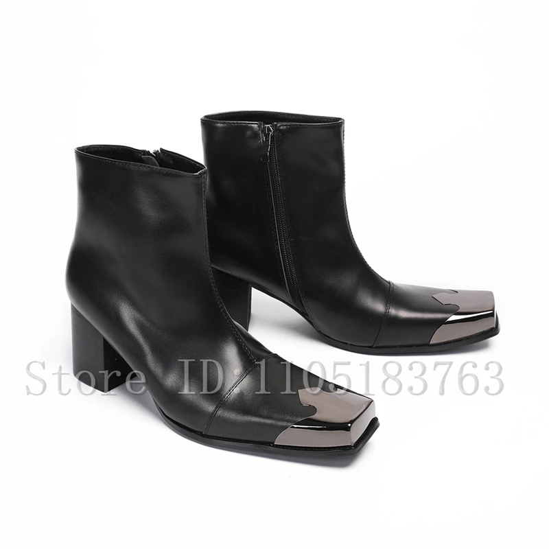 Men's Black Genuine Leather Ankle Boots with Metal Square Toe Cap, Chunky Block Heel Side Zipper Business Dress Boots