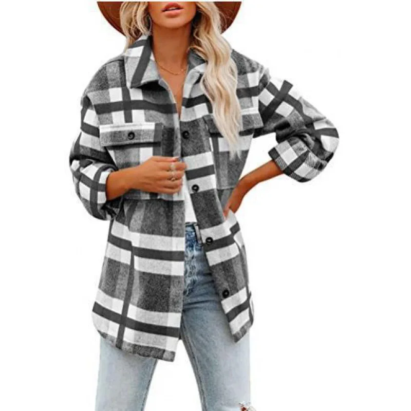 Autumn and Winter Women\'s Polo Collar Plaid Stripe Contrast Button Flocking Pocket Long Sleeve Cardigan Shirt Jacket Casual Tops