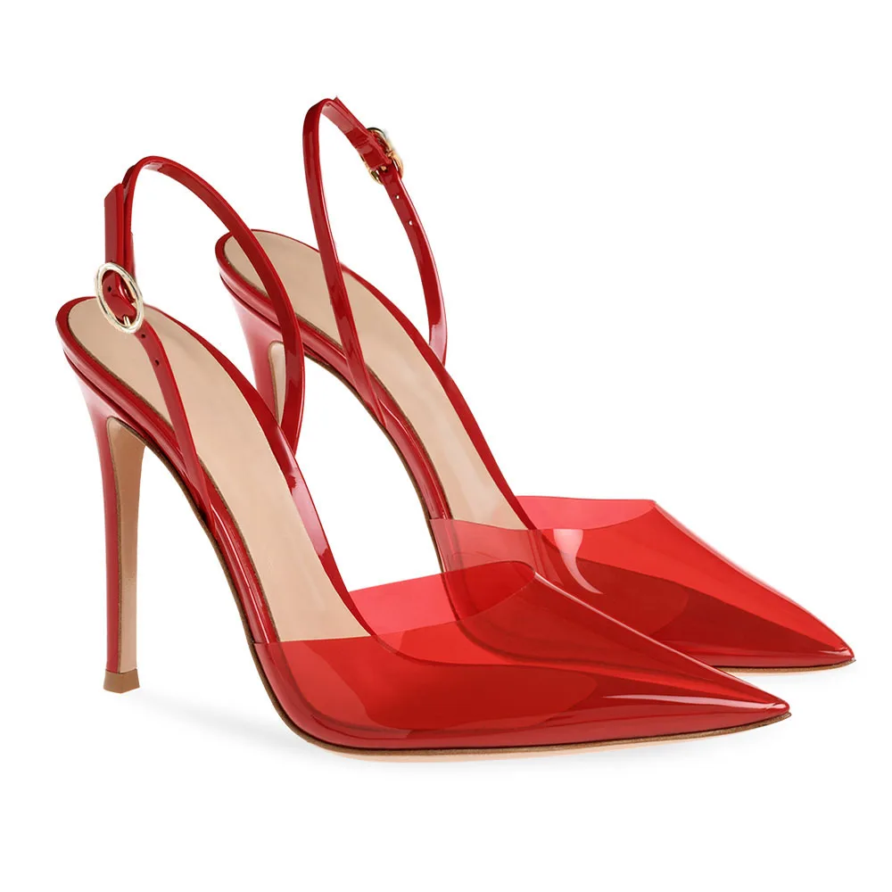 2022 Latest Gold Clear PVC Slingbacks Pumps for Women Stilettos Party High Heels Red Shoes Ladies Pointed Toe Heeled Dress Shoe