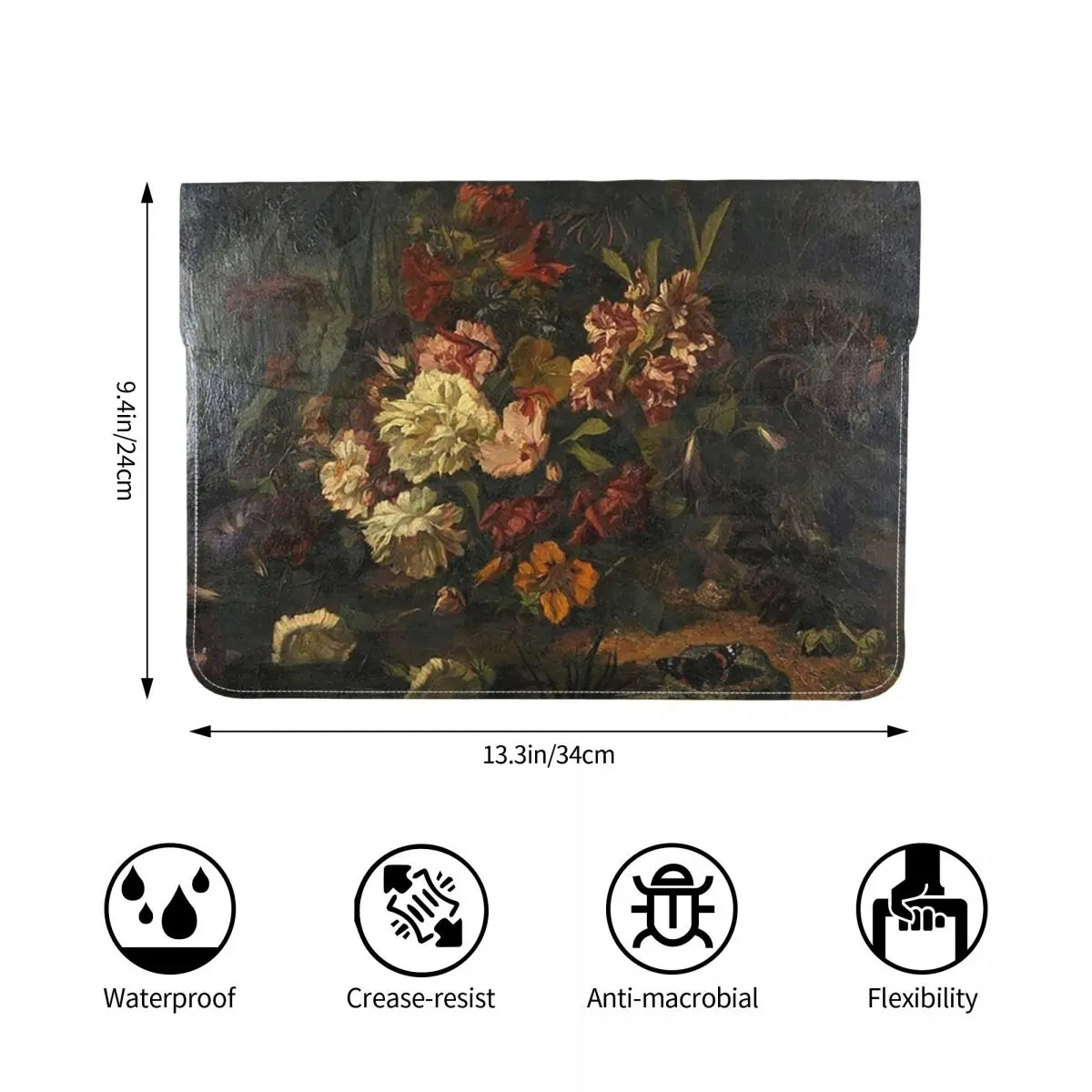 Baroque Flower Still Life Oil Painting PU Leather Horizontal Laptop Sleeve Shockproof Soft Lining Notebook Case 13 Inch