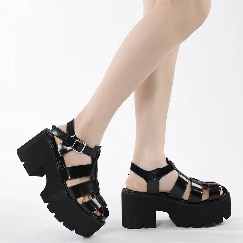 

8.5CM Summer Gladiator Sandals Synthetic Leather Hollow Buckle Strap Platform Sole Female Roman Shoes