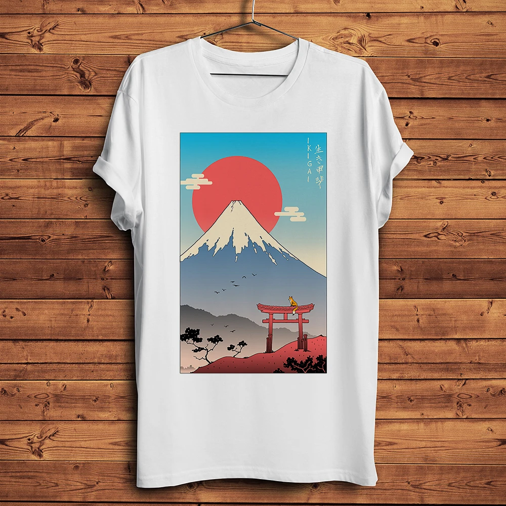 Ikigai In Kyoto Fujiyama Sakura Funny Ukiyoe Tshirt Men White Casual Short Sleeve T Shirt Homme Unisex Streetwear breathable Tee