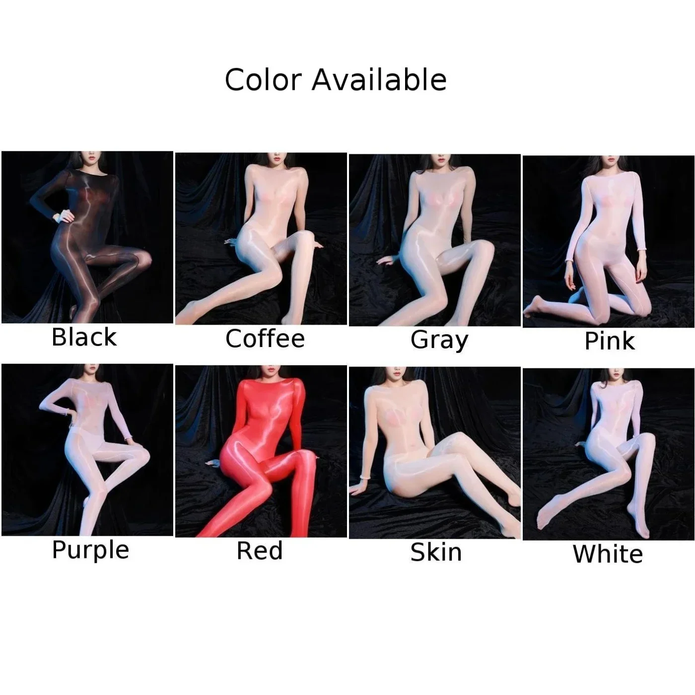 Women Sexy Oil Glossy Perspective Body Stockings Elasticity Solid Color Bodysuit Long Sleeve Erotic Jumpsuit Party Clubwear