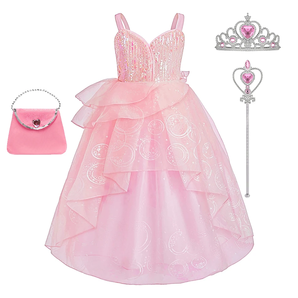 Girls Pink Princess Dress Sequins Cosplay Costume Kids Birthday Party Fancy Dress Up Outfits Tiara Wand Set Halloween Clothing