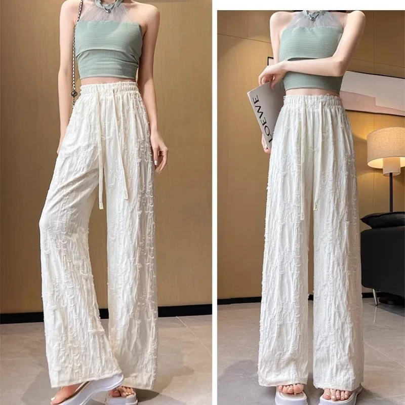 Women Elastic Waist Pleated Loose Pockets Wide Leg Pant Summer New Drawstring Casual Fashion High Waist Straight Pants Trend