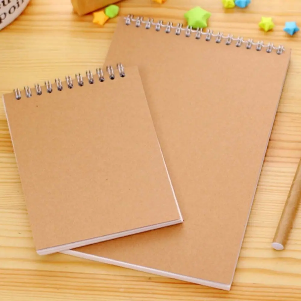 Students Khaki Pencil Drawing Kraft Paper Cover Spiral Coil School Supplies Notebook Notepad Sketchbook Inner Blank