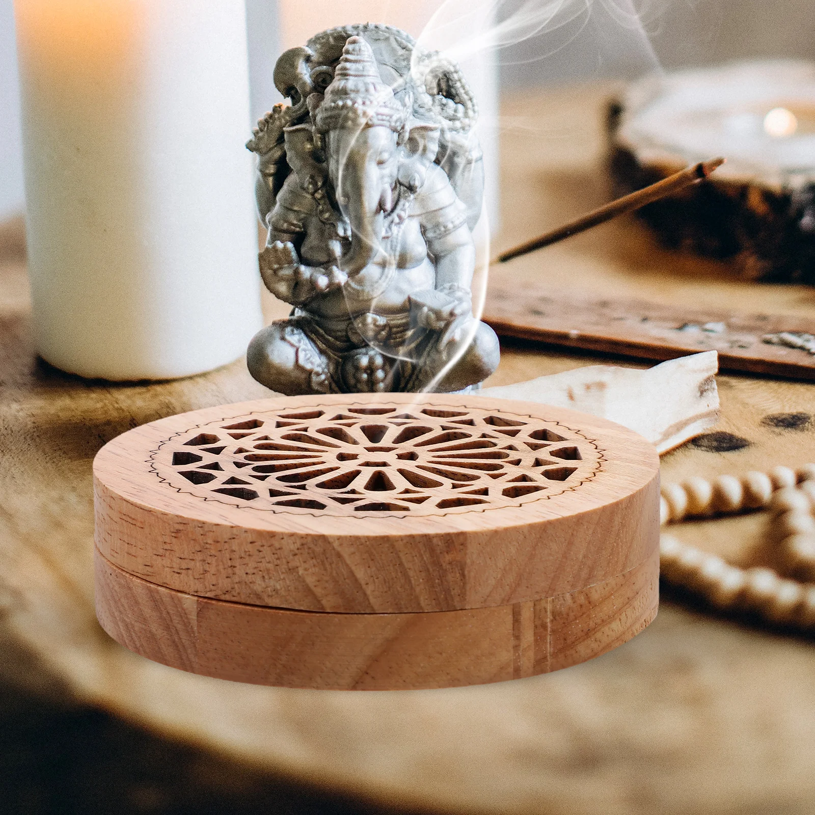 

Wooden Incense Burner Round Carved Censer Home Decor Aromatherapy Indoor Ornament Yoga Office Study Bedroom Living Room